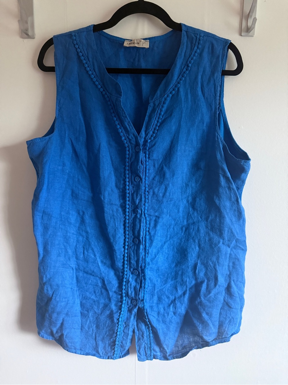Linen Luv 100% Linen Blue Sleeveless Button Front Blouse Top L